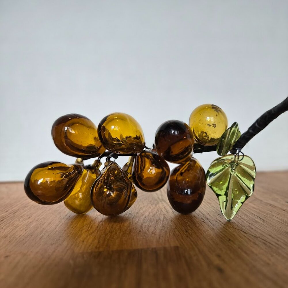 Vintage Amber Glass Grape Cluster Hand Blown Art Glass Grapes Mid-Century Modern